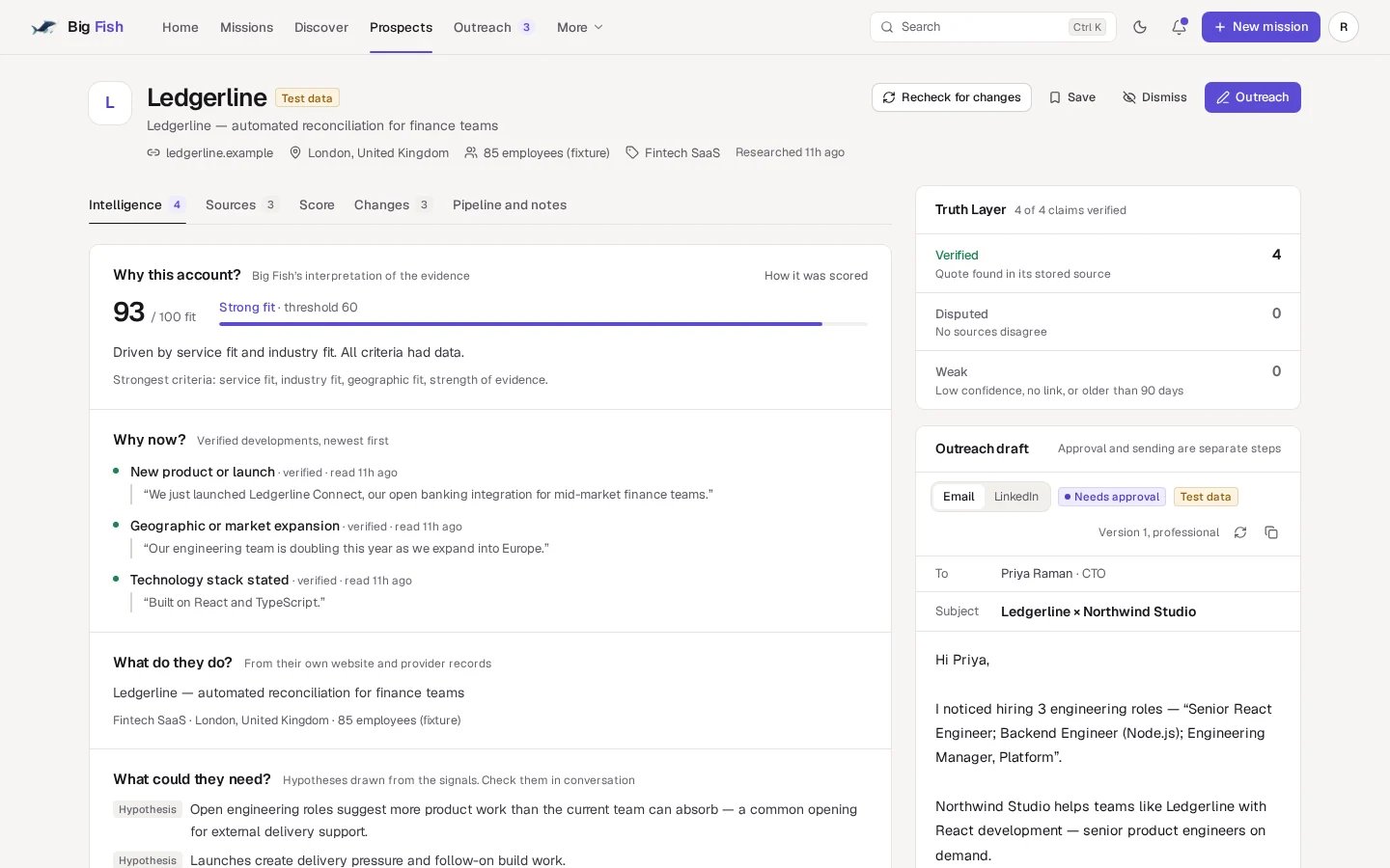The Big Fish prospect page in the real application, showing sample data