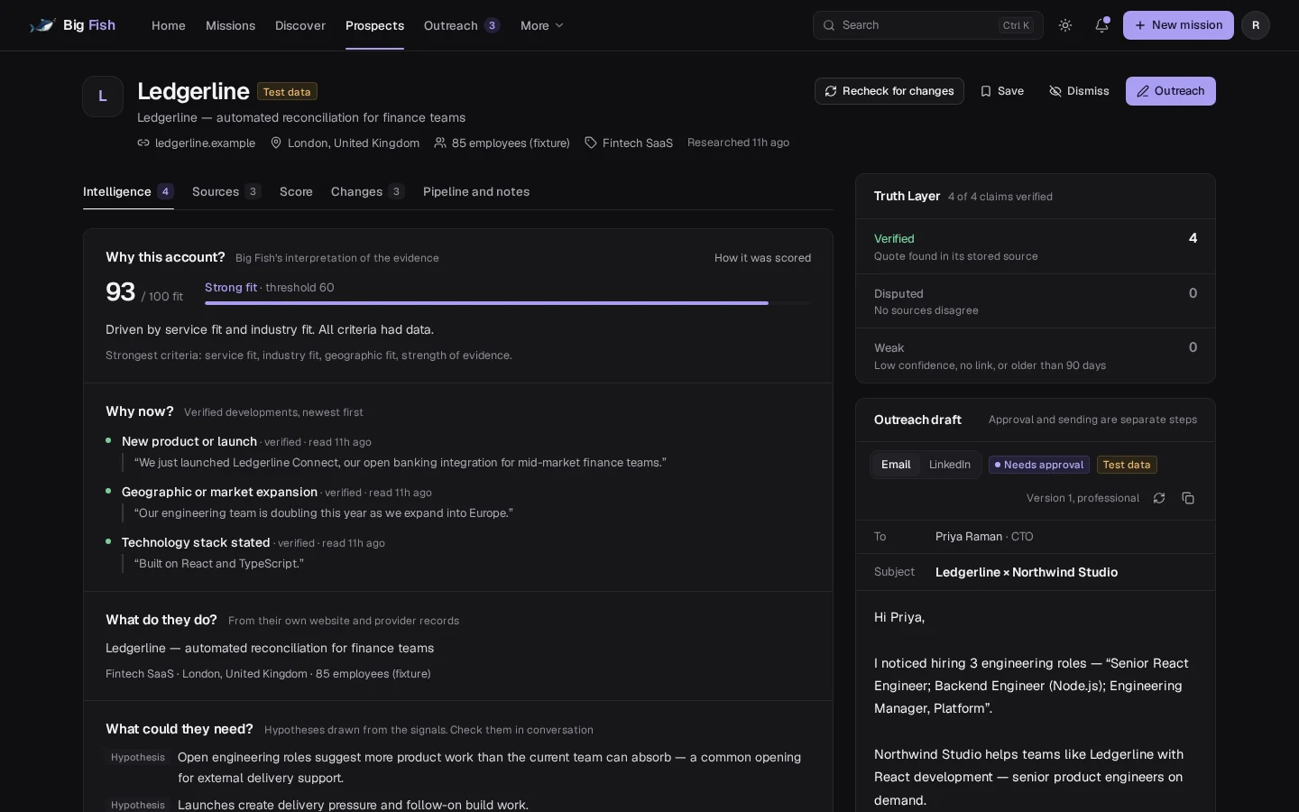 The Big Fish prospect page in the real application, showing sample data